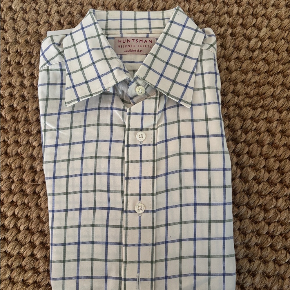 Custom Men's Tattersall Blue and Green Checkered Shirt Heavy Cotton 16 x 33.5